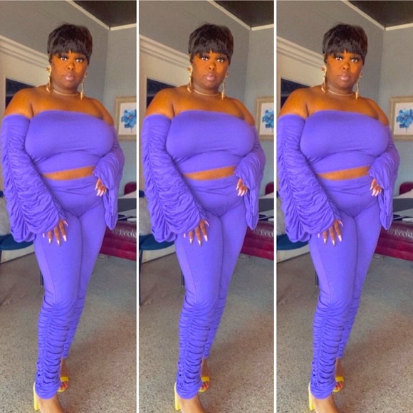 Elle Purple Off Shoulder Ruched Sleeve & Pant Set 💜 - Picture 2 of 5
